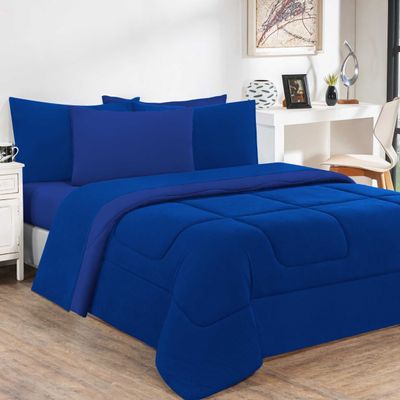 Kit Edredom Malha 100% Algodão Gran Moratta 3 Peças Casal - Azul Royal/Azul Royal
