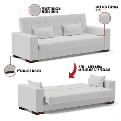Sofá Cama 02 Lugares Lisboa Linho - D'Rossi Cor A05 Cinza