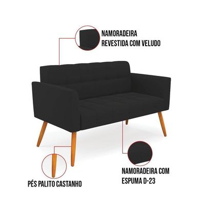 Kit 1 Sofá Namoradeira E 2 Poltronas Elisa Veludo Preto Pés Palito Castanho - D'rossi