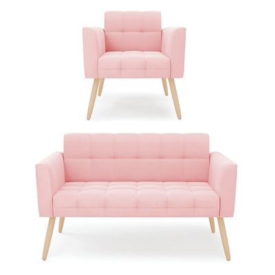 Kit 1 Sofá Namoradeira E 1 Poltrona Elisa Suede Rosa Bebê Pés Palito Natural - D'rossi
