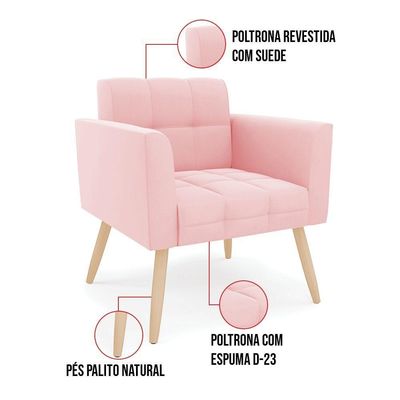 Kit 1 Sofá Namoradeira E 1 Poltrona Elisa Suede Rosa Bebê Pés Palito Natural - D'rossi