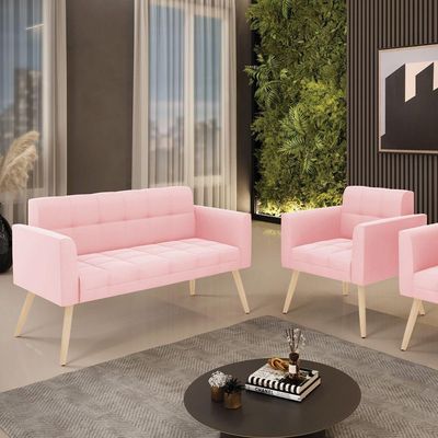 Kit 1 Sofá Namoradeira E 1 Poltrona Elisa Suede Rosa Bebê Pés Palito Natural - D'rossi