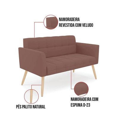 Kit 1 Sofá Namoradeira E 1 Poltrona Elisa Veludo Rosê Pés Palito Natural - D'rossi
