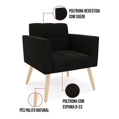 Kit 1 Sofá Namoradeira E 1 Poltrona Elisa Suede Pés Palito  - D'rossi Cor Preto