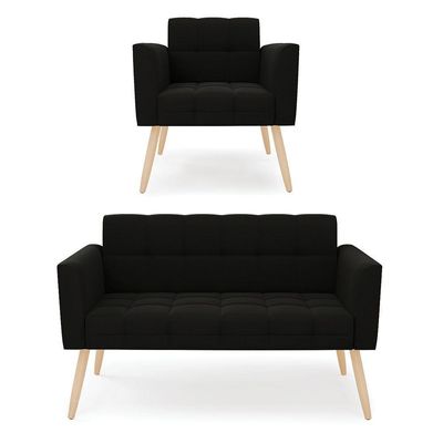 Kit 1 Sofá Namoradeira E 1 Poltrona Elisa Suede Pés Palito  - D'rossi Cor Preto