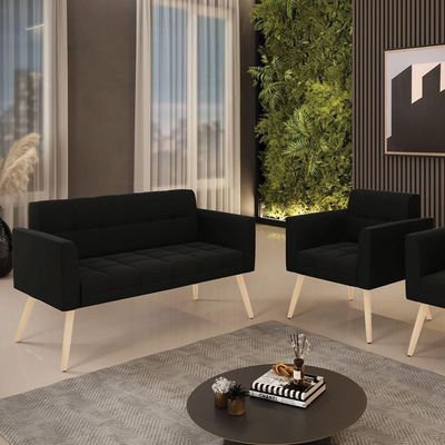 Kit 1 Sofá Namoradeira E 1 Poltrona Elisa Suede Pés Palito  - D'rossi Cor Preto