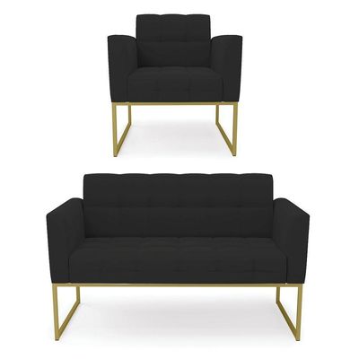 Kit 1 Sofá Namoradeira E 1 Poltrona Elisa Veludo Preto Base Metálica Industrial Dourado - D'rossi