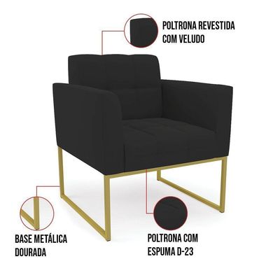 Kit 1 Sofá Namoradeira E 1 Poltrona Elisa Veludo Preto Base Metálica Industrial Dourado - D'rossi