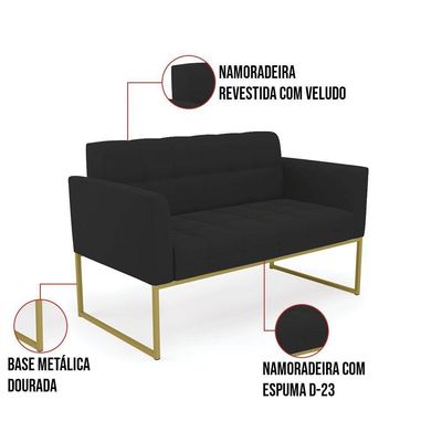 Kit 1 Sofá Namoradeira E 1 Poltrona Elisa Veludo Preto Base Metálica Industrial Dourado - D'rossi