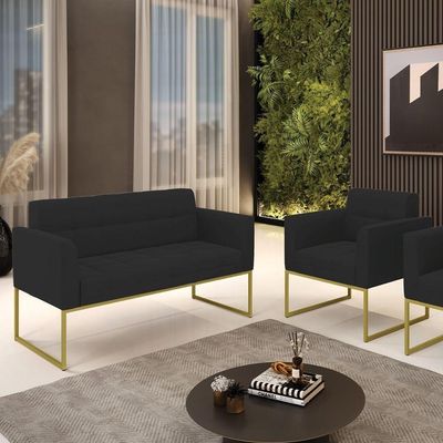 Kit 1 Sofá Namoradeira E 1 Poltrona Elisa Veludo Preto Base Metálica Industrial Dourado - D'rossi