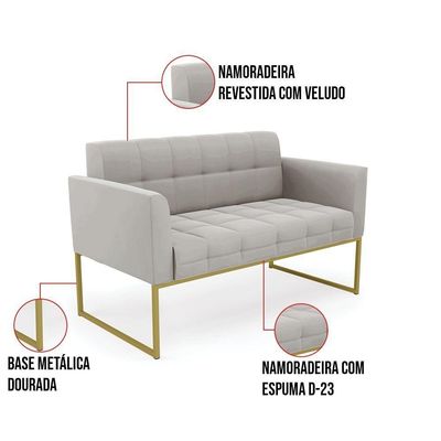 Kit 1 Sofá Namoradeira E 2 Poltronas Elisa Veludo Cinza Base Metálica Industrial Dourado - D'rossi