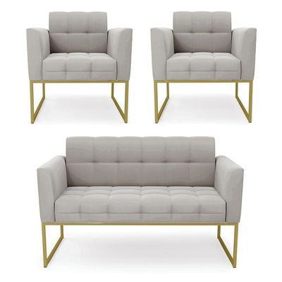 Kit 1 Sofá Namoradeira E 2 Poltronas Elisa Veludo Cinza Base Metálica Industrial Dourado - D'rossi