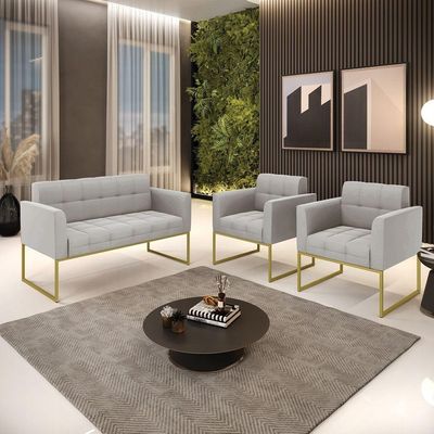 Kit 1 Sofá Namoradeira E 2 Poltronas Elisa Veludo Cinza Base Metálica Industrial Dourado - D'rossi
