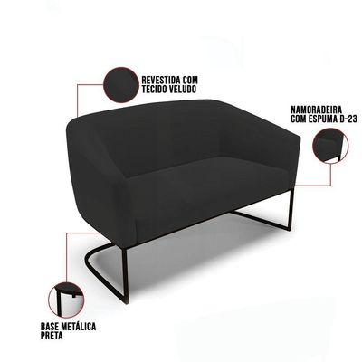 Sofá Namoradeira 2 Lugares Base Industrial Preto Stella Veludo Preto D03 - D'rossi