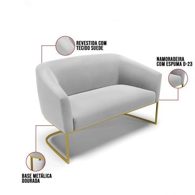 Sofá Namoradeira 2 Lugares Base Industrial Dourado Stella Suede Cinza D03 - D'rossi