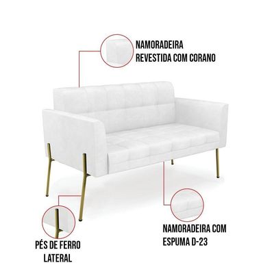 Sofá Namoradeira 2 Lugares Pé De Ferro Dourado Elisa Corano D03 - D'rossi Cor Branco