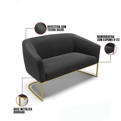 Sofá Namoradeira 2 Lugares Base Industrial Dourado Stella Suede D03 - D'rossi Cor Preto