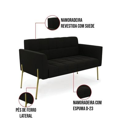 Sofá Namoradeira E Poltrona Pé De Ferro Dourado Elisa Suede D03 - D'rossi Cor Preto