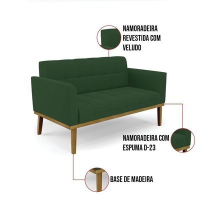 Sofá Namoradeira 2 Lugares Base De Madeira Castanho Elisa Veludo Verde D03 - D'rossi