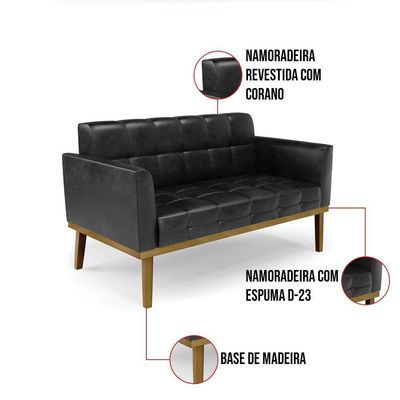 Sofá Namoradeira 2 Lugares Base De Madeira Castanho Elisa Corano Preto D03 - D'rossi