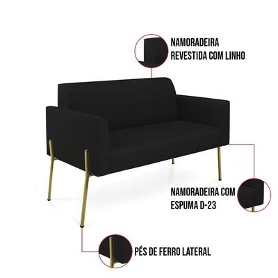 Sofá Namoradeira 2 Lugares Pé De Ferro Dourado Marisa Linho D03 Preto