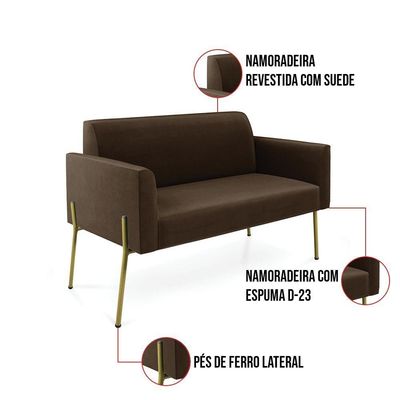 Sofá Namoradeira 2 Lugares Pé De Ferro Dourado Marisa Suede D03 Marrom Rato