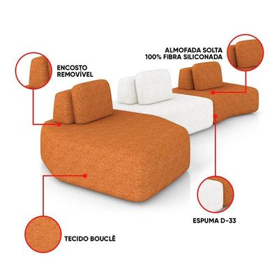 Sofá 3 Lugares Orgânico Com Chaise E 2 Módulos Berlim Bouclê Caramelo/off White K01 - D'rossi