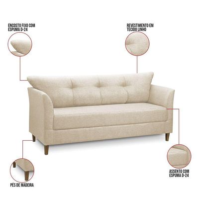 Sofá 3 Lugares Living Para Sala Leblon 180cm Linho E03 - D'rossi Cor Bege