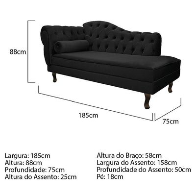 Recamier Diana 185cm Lado Direito Suede Preto - Doce Sonho Móveis