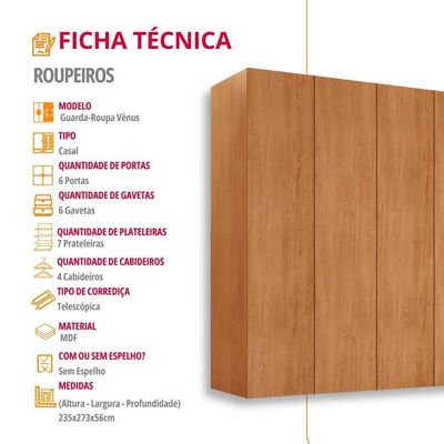 Guarda Roupa Casal Venus Mdf 6 Portas E 6 Gavetas Moderna Naturalle