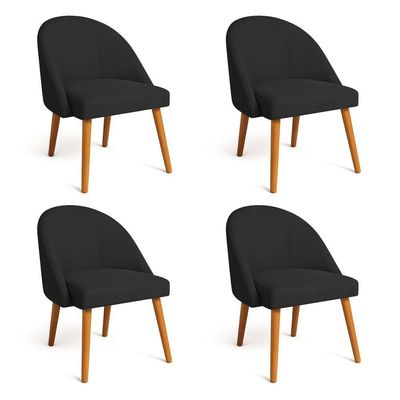Kit 04 Cadeiras Poltrona De Jantar Luna Suede Preto Pés Palito Castanho - Pallazio