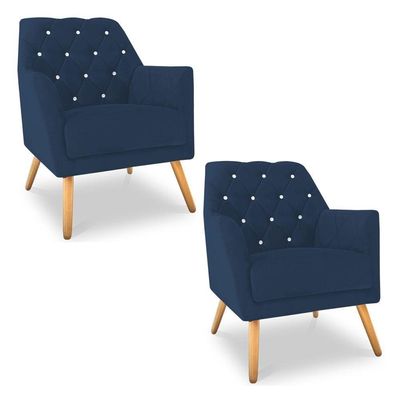 Kit 2 Poltronas Velvet Strass Veludo Pés De Madeira - Pallazio Cor Azul Marinho