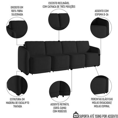 Sofá Cama Casal Para Sala 436cm Polska Z08 Veludo Preto - Mpozenato