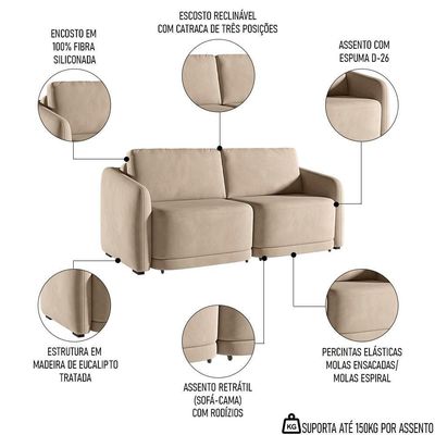 Sofá Cama Casal Para Sala 196cm Polska K04 Veludo Bege - Mpozenato