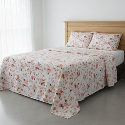 Jogo De Lençol Bella Casal 4 Peças Percal 200 Fios Estampado Floral - Rosa Sereno - 100% Poliéster