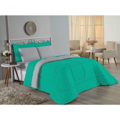 Kit Edredom Dupla Face + Jogo De Lençol Casal Nobre 6 Peças Malha 100% Algodão - Jade / Cinza