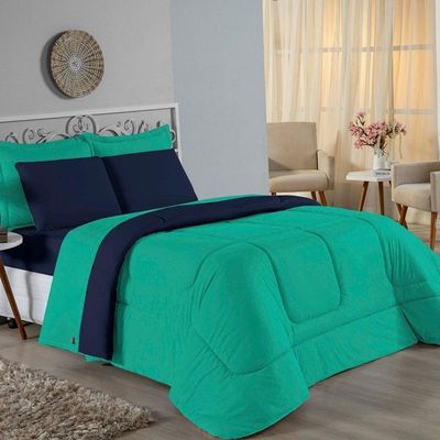 Edredom Queen Nobre 1 Peça Dupla Face 2,20m X 2,40m Malha 100% Algodão - Jade / Azul-marinho