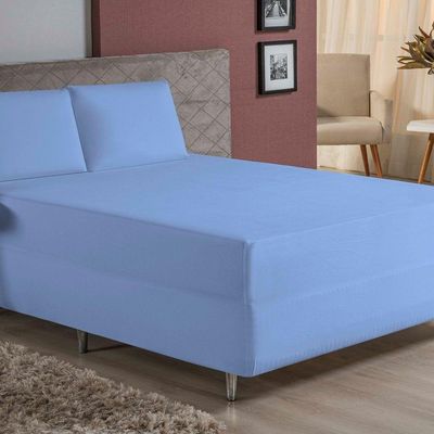 Jogo De Cama Casal Nobre 3 Peças Luva De Box 55cm De Altura Malha 100% Algodão - Azul-bebê