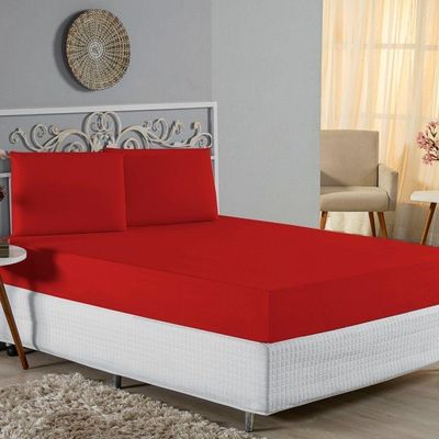 Jogo De Cama Casal Nobre 3 Peças Lençol Com Elástico De 30cm De Altura Malha 100% Algodão - Vermelho