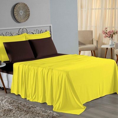Jogo De Cama Casal Nobre 4 Peças Lençol Com Elástico De 30cm De Altura Malha 100% Algodão - Amarelo / Marrom