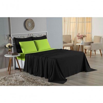 Jogo De Cama Solteiro Nobre 3 Peças Lençol Com Elástico De 30cm De Altura Malha 100% Algodão - Preto / Pistache