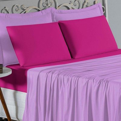 Jogo De Cama Solteiro Nobre 3 Peças Lençol Com Elástico De 30cm De Altura Malha 100% Algodão - Lilás / Pink