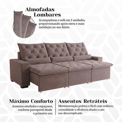 Sofá Retrátil 2.50m Supreme Estofado De Alta Qualidade Com Toque Suave Em Suede Luxo Milão Bege