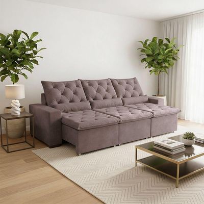 Sofá Retrátil 2.50m Supreme Estofado De Alta Qualidade Com Toque Suave Em Suede Luxo Milão Bege