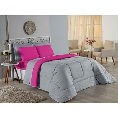 Edredom Queen Nobre 1 Peça Dupla Face 2,20m X 2,40m Malha 100% Algodão - Cinza / Pink