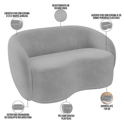 Sofá 3 Lugares 160cm Sala De Estar Living Oscar K01 Veludo Cinza