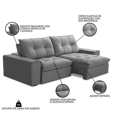 Sofá Retrátil Reclinável 3 Lugares 210cm Argon F05 Veludo Prata - Mpozenato