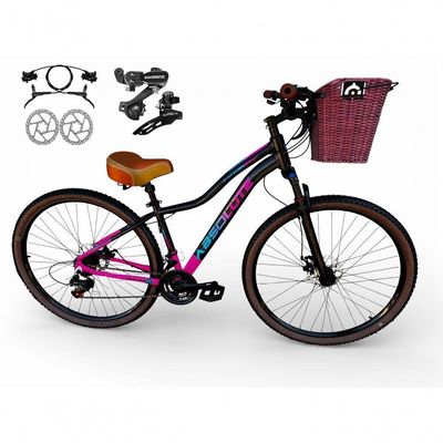Bicicleta Aro 29 Feminina Absolute Hera Retrô Vintage Shimano 21v Hidráulica Confortável Cesta Preto-rosa Tamano 17