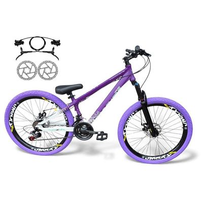 Bicicleta aro26 VikingxTuff FreioHidráulico 21v Freeride Rodas Vmaxx Suspensão Pneu Flame RoxoBranco