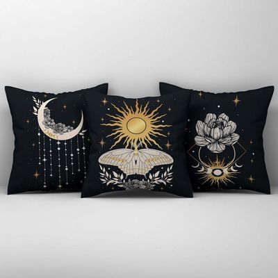 Kit Trio De Almofadas Cheias Fases Da Lua Estampadas Em Veludo Suede 45cm X 45cm Enchimento Em Refil Silicone Cor Preto